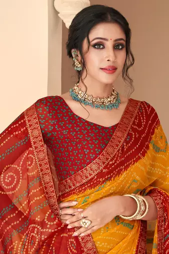 Yellow bandhani chiffon traditional dual shaded saree with blouse