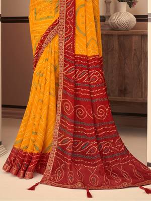 Yellow bandhani chiffon traditional dual shaded saree with blouse 3