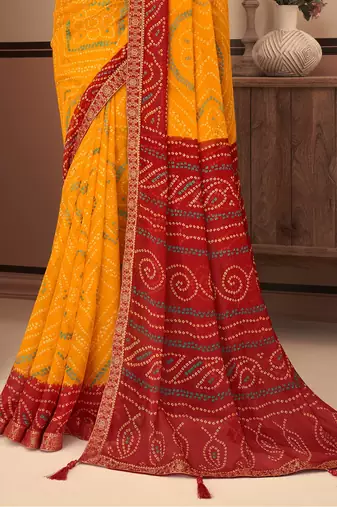 Yellow bandhani chiffon traditional dual shaded saree with blouse