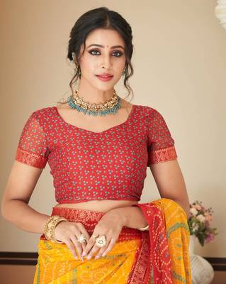 Yellow bandhani chiffon traditional dual shaded saree with blouse 4