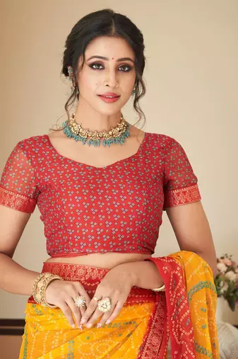 Yellow bandhani chiffon traditional dual shaded saree with blouse