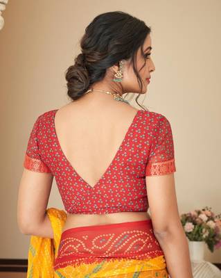 Yellow bandhani chiffon traditional dual shaded saree with blouse 5
