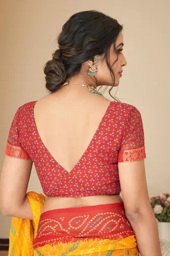 Yellow bandhani chiffon traditional dual shaded saree with blouse