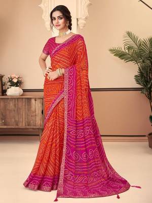Orange pink bandhani chiffon traditional dual shaded saree with blouse 1