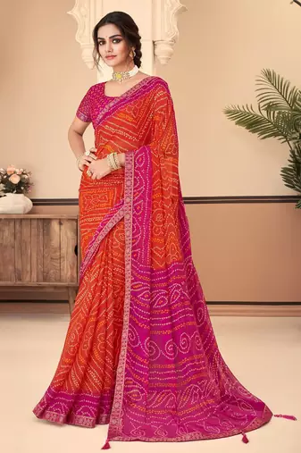 Orange pink bandhani chiffon traditional dual shaded saree with blouse