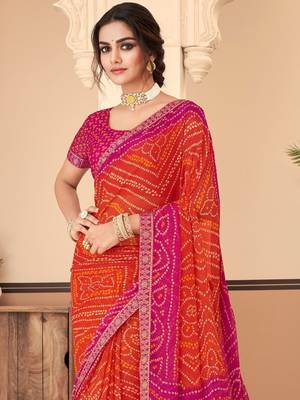 Orange pink bandhani chiffon traditional dual shaded saree with blouse 2
