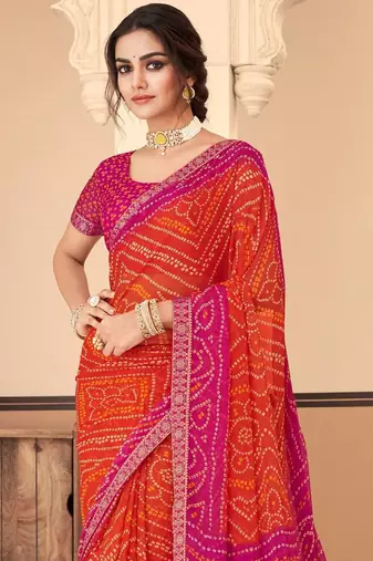 Orange pink bandhani chiffon traditional dual shaded saree with blouse