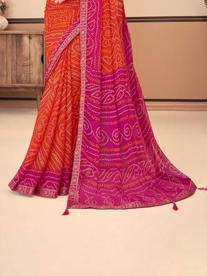 Orange pink bandhani chiffon traditional dual shaded saree with blouse 3