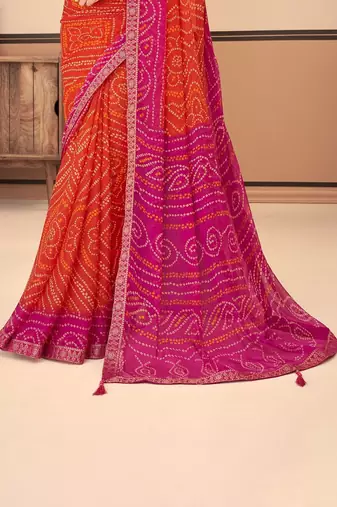 Orange pink bandhani chiffon traditional dual shaded saree with blouse
