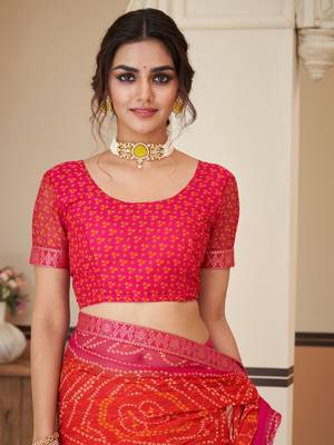 Orange pink bandhani chiffon traditional dual shaded saree with blouse 4