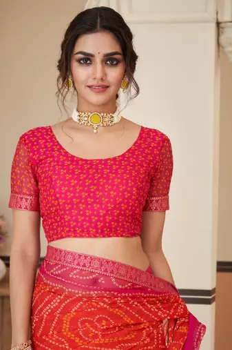 Orange pink bandhani chiffon traditional dual shaded saree with blouse