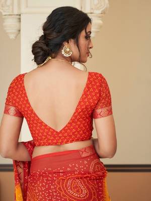 Orange pink bandhani chiffon traditional dual shaded saree with blouse 5