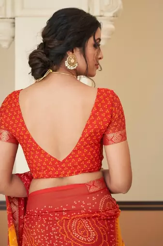 Orange pink bandhani chiffon traditional dual shaded saree with blouse