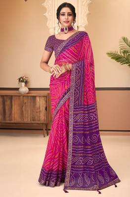 Pink purple bandhani chiffon traditional dual shaded saree with blouse 1