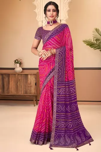 Pink purple bandhani chiffon traditional dual shaded saree with blouse