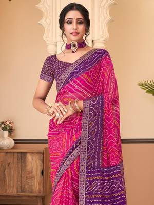Pink purple bandhani chiffon traditional dual shaded saree with blouse 2