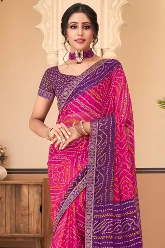 Pink purple bandhani chiffon traditional dual shaded saree with blouse
