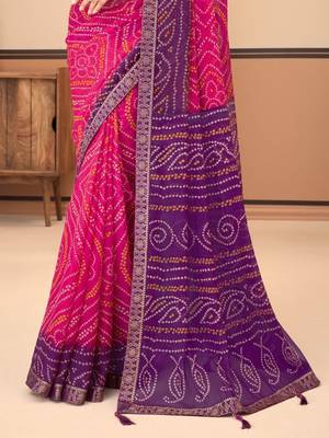 Pink purple bandhani chiffon traditional dual shaded saree with blouse 3