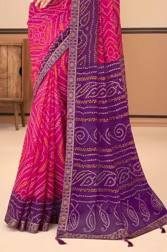 Pink purple bandhani chiffon traditional dual shaded saree with blouse