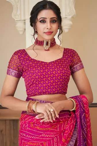 Pink purple bandhani chiffon traditional dual shaded saree with blouse