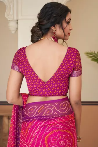 Pink purple bandhani chiffon traditional dual shaded saree with blouse