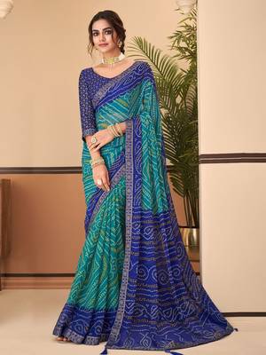 Turqouise green bandhani chiffon traditional dual shaded saree with blouse 1