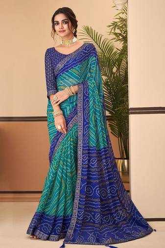 Turqouise green bandhani chiffon traditional dual shaded saree with blouse