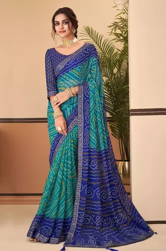 Turqouise green bandhani chiffon traditional dual shaded saree with blouse