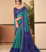 Turqouise green bandhani chiffon traditional dual shaded saree with blouse