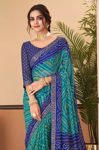 Turqouise green bandhani chiffon traditional dual shaded saree with blouse