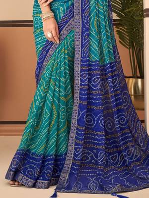 Turqouise green bandhani chiffon traditional dual shaded saree with blouse 3