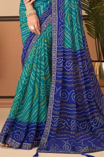 Turqouise green bandhani chiffon traditional dual shaded saree with blouse