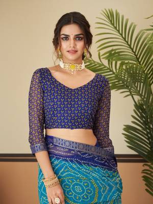 Turqouise green bandhani chiffon traditional dual shaded saree with blouse 4