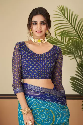 Turqouise green bandhani chiffon traditional dual shaded saree with blouse