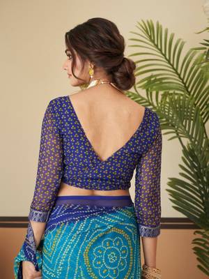 Turqouise green bandhani chiffon traditional dual shaded saree with blouse 5