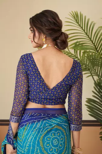 Turqouise green bandhani chiffon traditional dual shaded saree with blouse