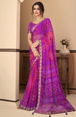 Purple pink bandhani chiffon traditional dual shaded saree with blouse 1