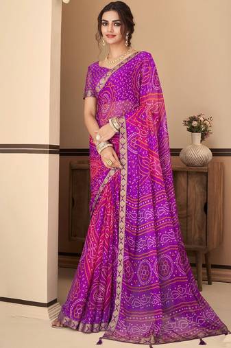 Purple pink bandhani chiffon traditional dual shaded saree with blouse