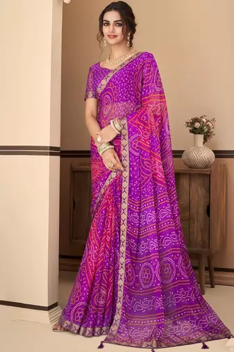 Purple pink bandhani chiffon traditional dual shaded saree with blouse