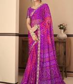 Purple pink bandhani chiffon traditional dual shaded saree with blouse