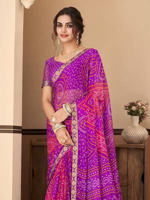 Purple pink bandhani chiffon traditional dual shaded saree with blouse 2