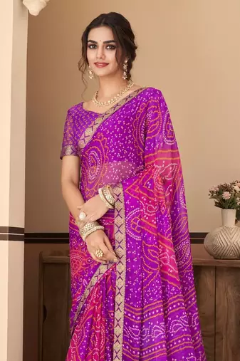Purple pink bandhani chiffon traditional dual shaded saree with blouse