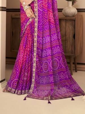 Purple pink bandhani chiffon traditional dual shaded saree with blouse 3