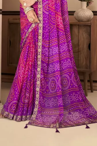 Purple pink bandhani chiffon traditional dual shaded saree with blouse