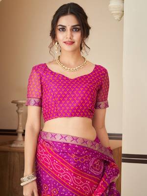 Purple pink bandhani chiffon traditional dual shaded saree with blouse 4