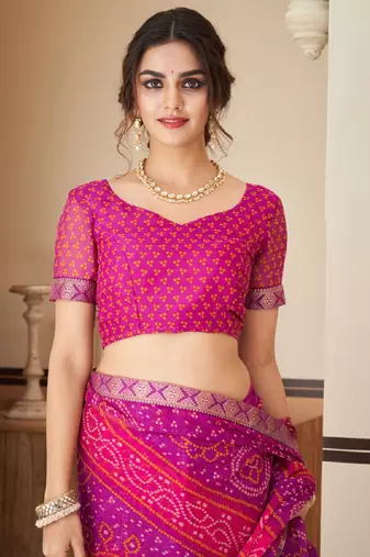 Purple pink bandhani chiffon traditional dual shaded saree with blouse