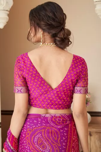 Purple pink bandhani chiffon traditional dual shaded saree with blouse