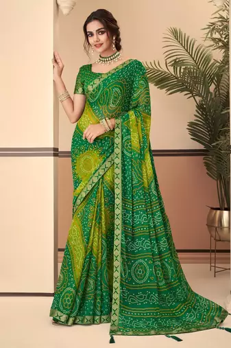 Green bandhani chiffon traditional dual shaded saree with blouse