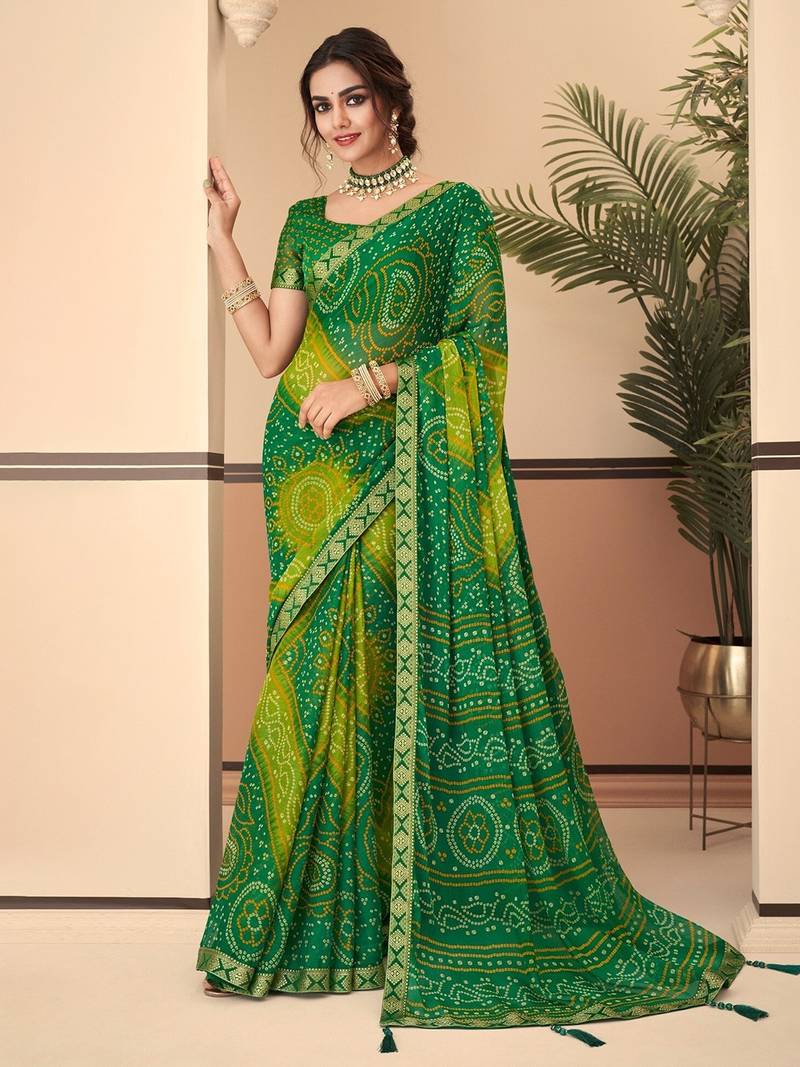 Green bandhani chiffon traditional dual shaded saree with blouse