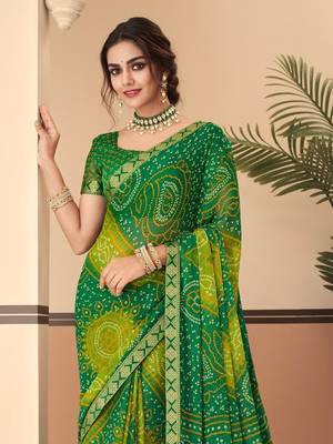 Green bandhani chiffon traditional dual shaded saree with blouse 2